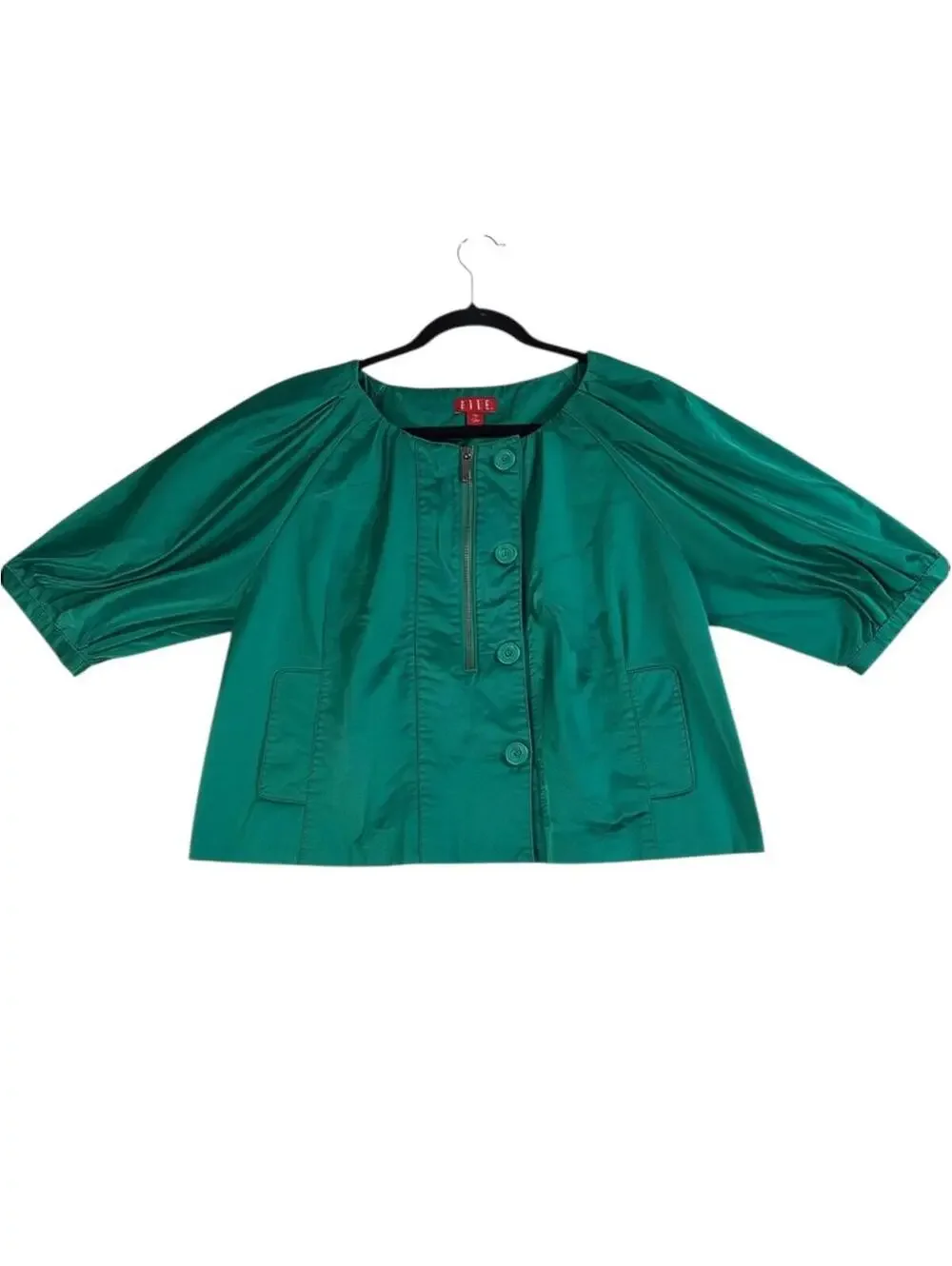 Y2K Elle Teal Cropped Swing Jacket Metallic Sheen Retro Chic - Picture 3 of 6